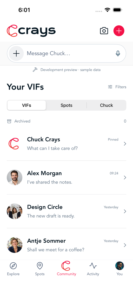 CRAYS iOS homescreen: Your VIFs, Chuck and your conversations